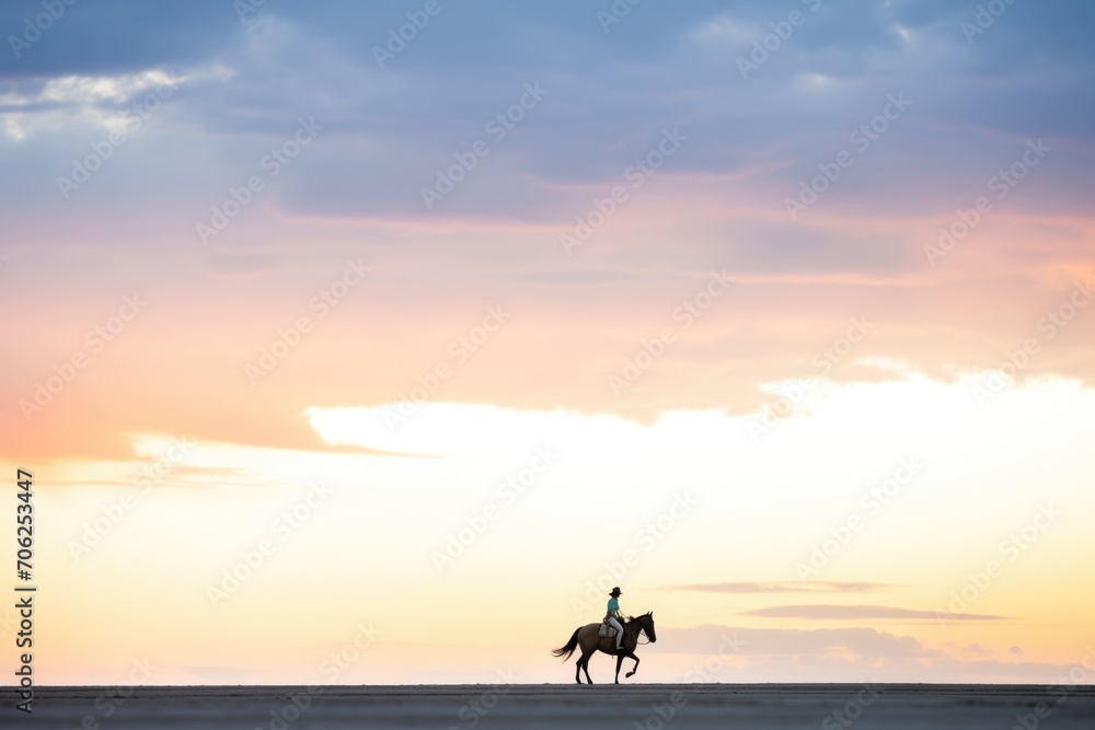 horse and rider in silhouette on horizon at sunset