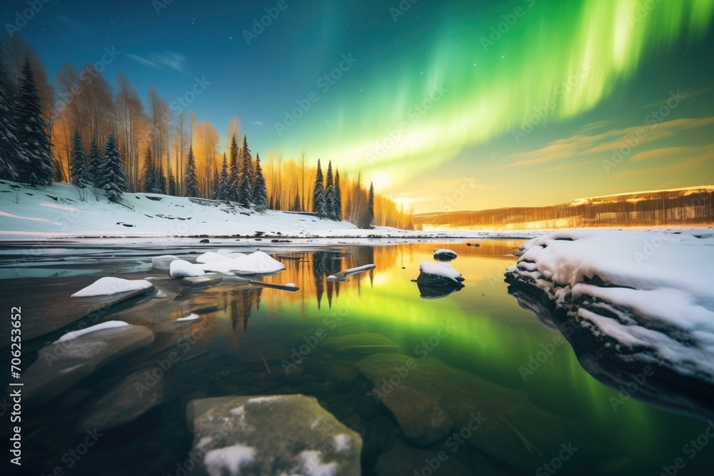 reflection of northern lights on icy river