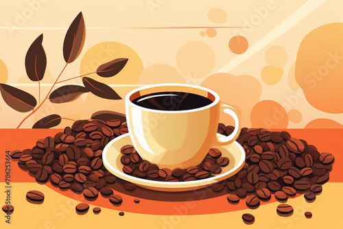 A sleek and modern illustration showcasing a minimalist black coffee served in a classic mug, surrounded by coffee beans in consistent earthy tones, creating a serene.