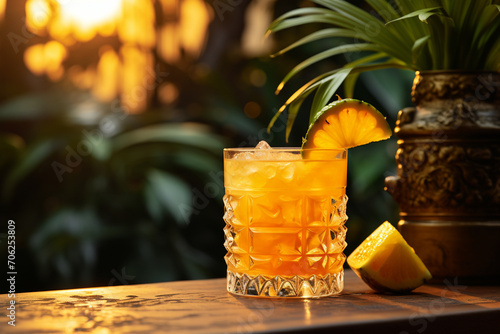 A captivating visual narrative featuring a minimalist mai tai cocktail in a classic tiki glass, adorned with a pineapple leaf, against a serene backdrop in harmonious shades. photo