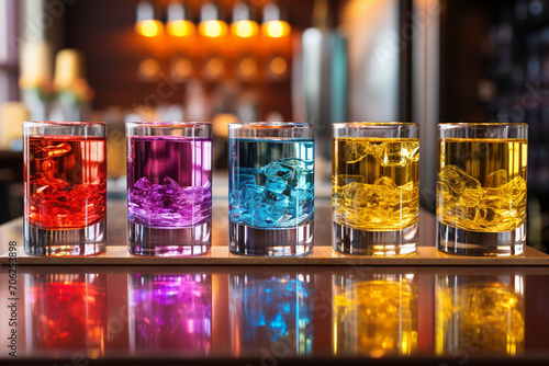 A visually striking scene showcasing an intricately layered rainbow shot, with vibrant and bold hues of various liqueurs creating a visually appealing and.