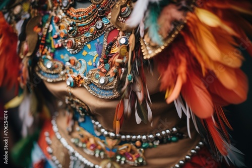 ornate costume details with feathers and beads