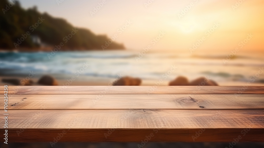The empty wooden table top with blur background of sea on sunrise, Advertisement, Print media, Illustration, Banner, for website, copy space, for word, template, presentation