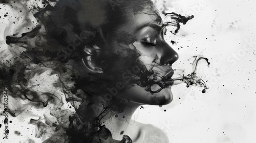 Ink splashes, black and white silhouette of a woman's face with her eyes closed