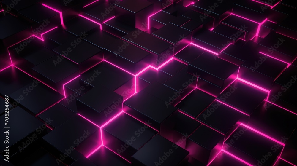 3d rendering, abstract black metal faceted background , pink glowing neon light, square tile 3d rendering, abstract black metal faceted background , pink glowing neon light, square tile