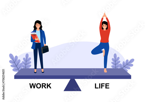 Work life balance concept. Businesswoman and yoga woman on scale in flat design.