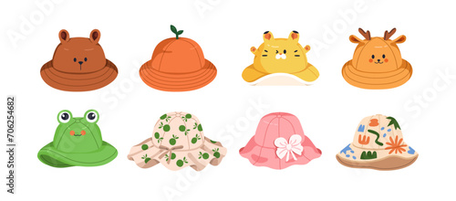 Kids panama designs set. Funny summer hat with brim, headwear, childrens head accessory. Sun protection headgear for baby, child. Colored flat graphic vector illustrations isolated on white background