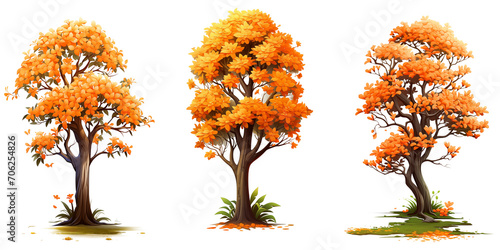 Autumn Tree with Orange Leaves - Collection of Trees in 3D Cartoon Style Isolated on Transparent Background