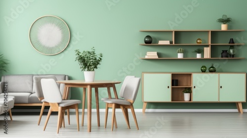 Mint color chairs at round wooden dining table in room with sofa and cabinet near green wall © Julia Jones