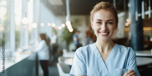 Portrait, female and nurse in a hospital or clinic for healthcare, intern or medical service. Confident, smile and friendly woman wearing scrubs for assistance, care or professional occupation photo