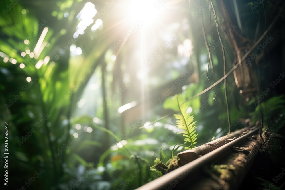 light rays peeking at a rail end in a green jungle