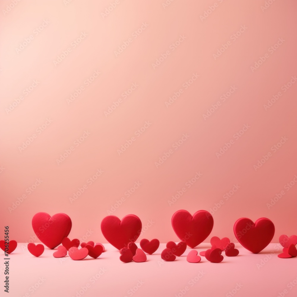 Red hearts on pink background with copy space. Valentines day