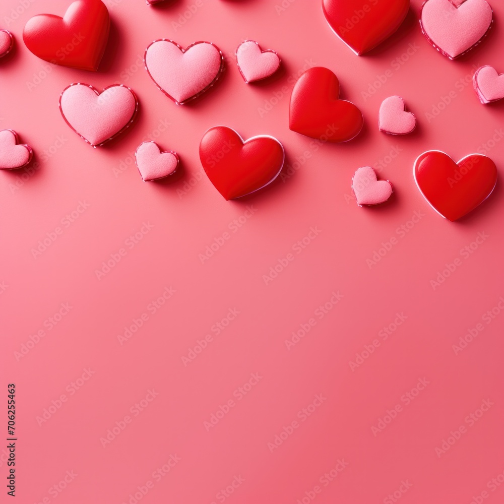 Red hearts on pink background with copy space. Valentines day