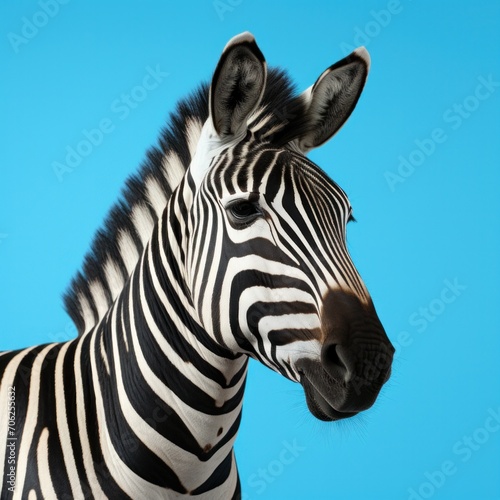Zebra's head on blue background with copy space
