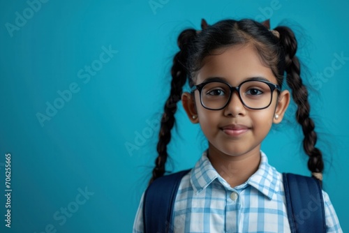 young indian stylish school girl isolated on minimalistic single color background