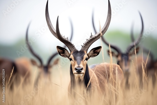 sable herd on grassland  focus on one with majestic horns