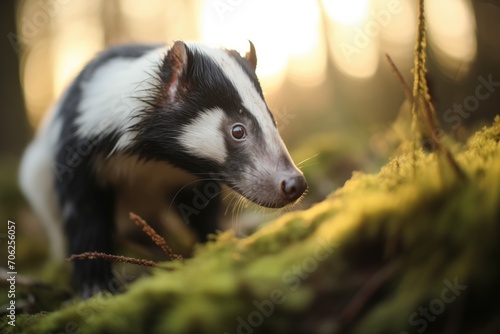 skunk胢s eyes illuminated by last rays of sun in the forest