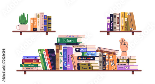 Books pile, heap on shelf. Bookshelves, home library. Many school textbooks, fiction and art literature for education, learning, studying. Flat graphic vector illustration isolated on white background