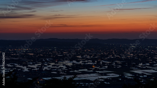 Panoramic view of Tonami dispersed village Paddy filed at sunset.