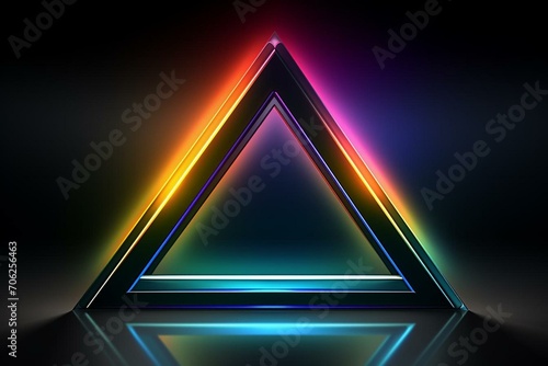 Simple hi-tech backdrop featuring elevated triangle and vibrant rainbow edge. Dark surface with embossed three-dimensional form. Digital rendering. Generative AI
