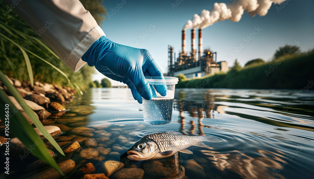 Collecting a water sample for testing. Pollution from affluent ...