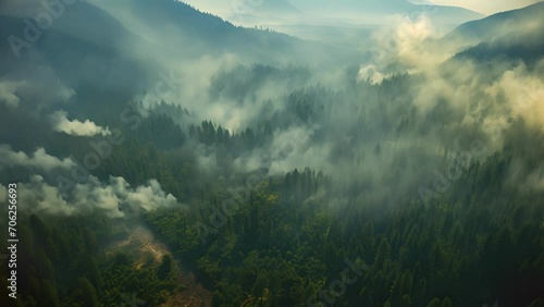 The once tranquil canopy of green is now a perilous inferno, as the aerial view captures the dangerous spread of the wildfire through the forest. photo