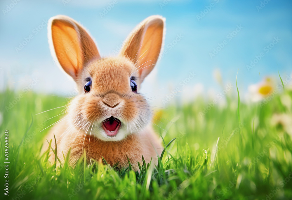 brown cute rabbit looks out in surprise from the green grass on a sunny day.a place for text brown cute rabbit looks out in surprise from the green grass on a sunny day.a place for text