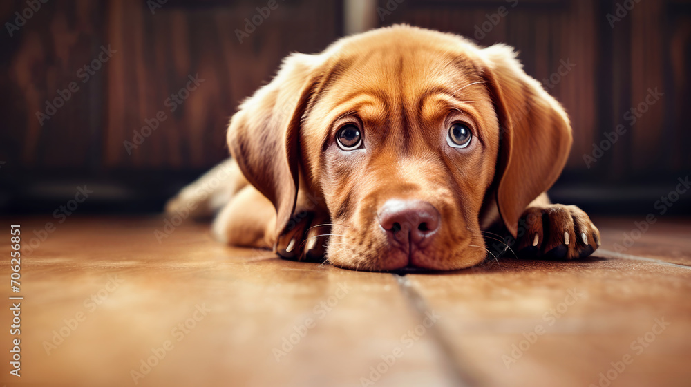 portrait of a brown puppy with a sad mood lying on the floor. place for text portrait of a brown puppy with a sad mood lying on the floor. place for text