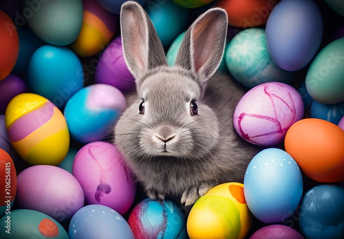 Easter background with a gray rabbit around which there are many colored eggs © Milena Wi