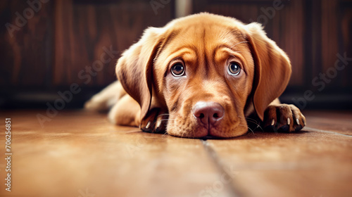 portrait of a brown puppy with a sad mood lying on the floor. place for text
