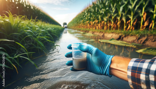 Collecting a water sample from a stream of water to measure any contaminants that may have run off from the agriculture crop farming in the form of pesticides or fertilizers. 