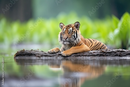 sumatran tiger lounging on a riverbank