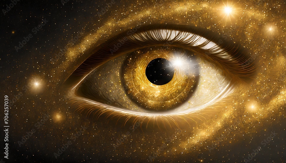 golden shining eye in space universe on black background