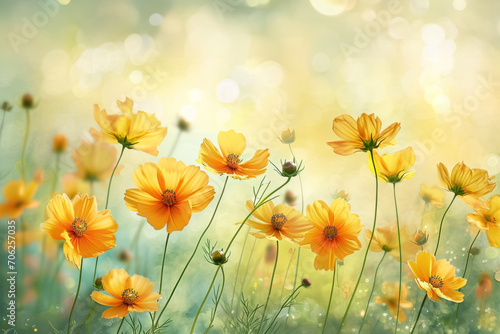 Cute watercolor of yellow cosmos flowers with copy space background. © ant