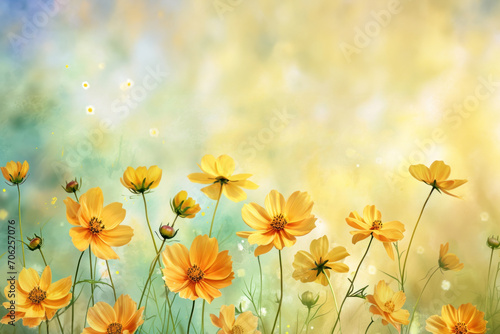 Cute watercolor of yellow cosmos flowers with copy space background. © ant