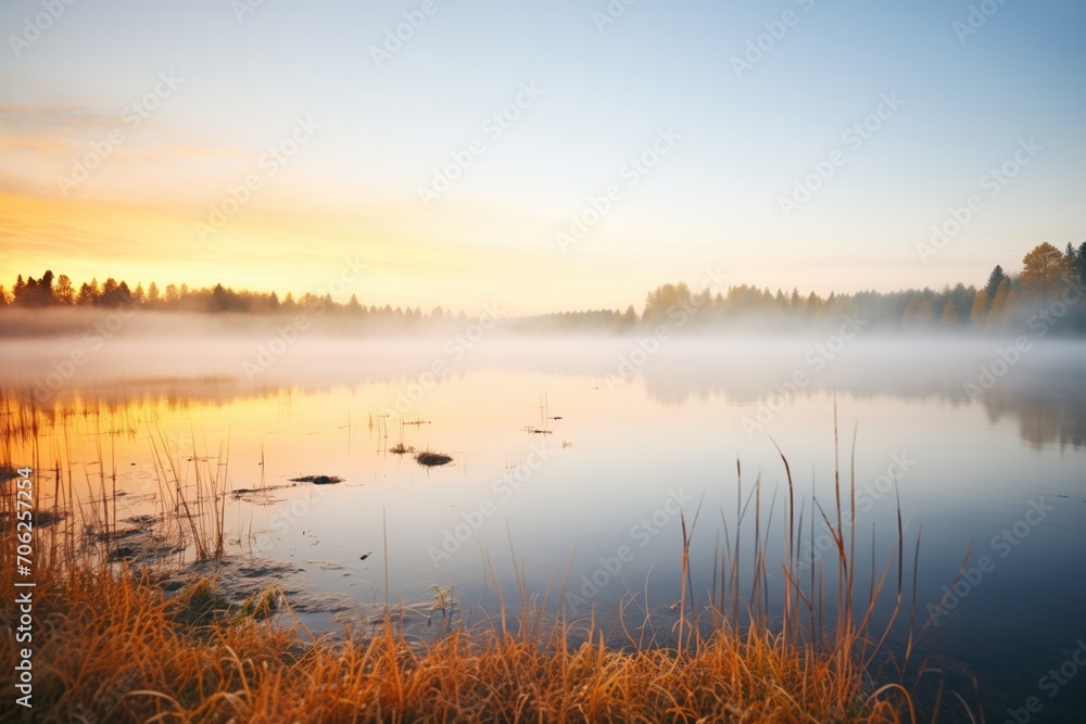 Fototapeta premium thick fog rolling over a lake at dawn