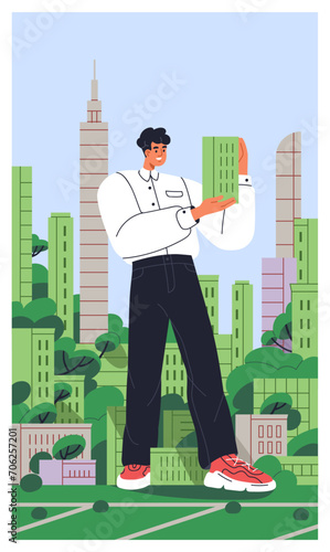 City environment, real estate card. Happy giant character on urban street. Green buildings, eco apartment houses development concept. Architecture and nature, park, trees. Flat vector illustration