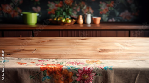 Wooden countertop and tablecloth on blurred kitchen interior background. Ready for display  banner for product.