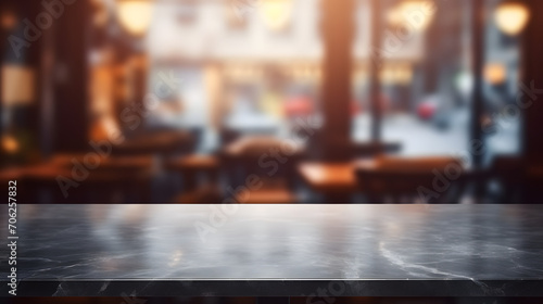 Black stone table top and blurred bokeh office interior space background - can used for display or montage your products. Generative AI illustration