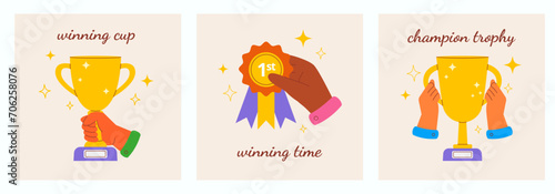 Winner cups, badge, first place greeting cards vector set illustration. Hands holding trophy champion