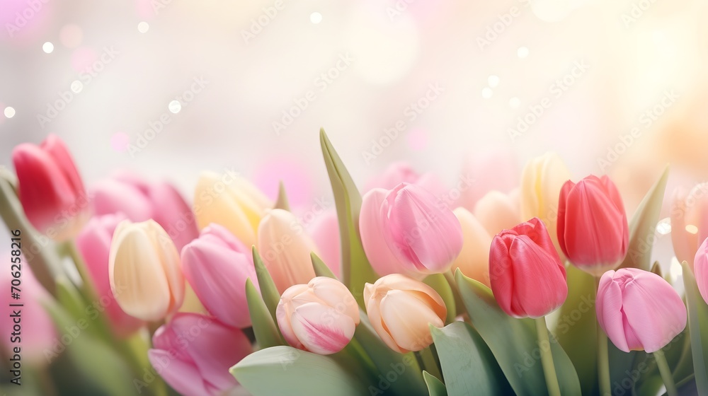 Various tulips on a light background with beautiful bokeh.