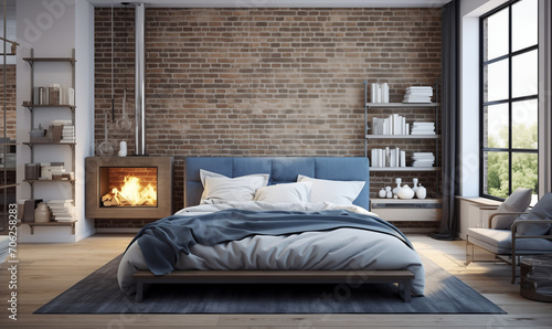 Łóżko z poduszkami i narzutą przy kominku. Loftowy projekt nowoczesnej sypialni z ceglaną ścianą.akcesoria  photo