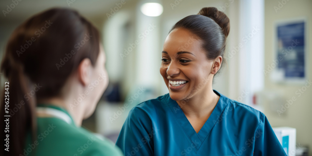 Doctors, female nurse or discussion in hospital for healthcare, planning research or surgery teamwork in wellness hospital. Talking, smiling or medical staff for surgery success or collaboration help Doctors, female nurse or discussion in hospital for healthcare, planning research or surgery teamwork in wellness hospital. Talking, smiling or medical staff for surgery success or collaboration help