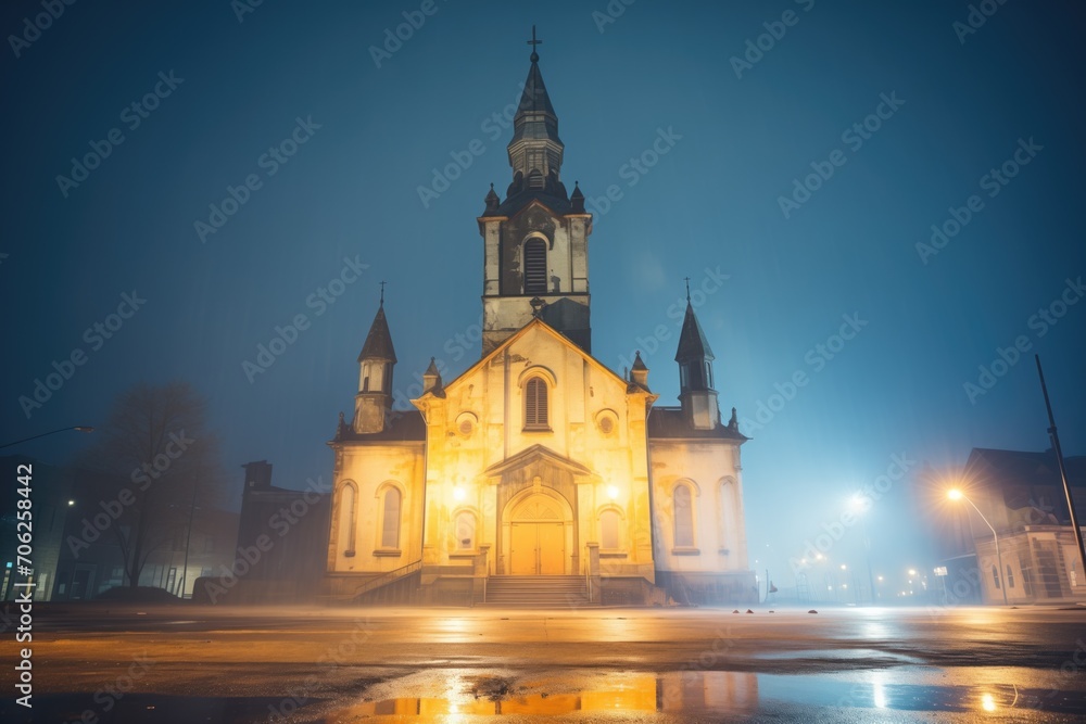 abandoned church at nighttime with fog
