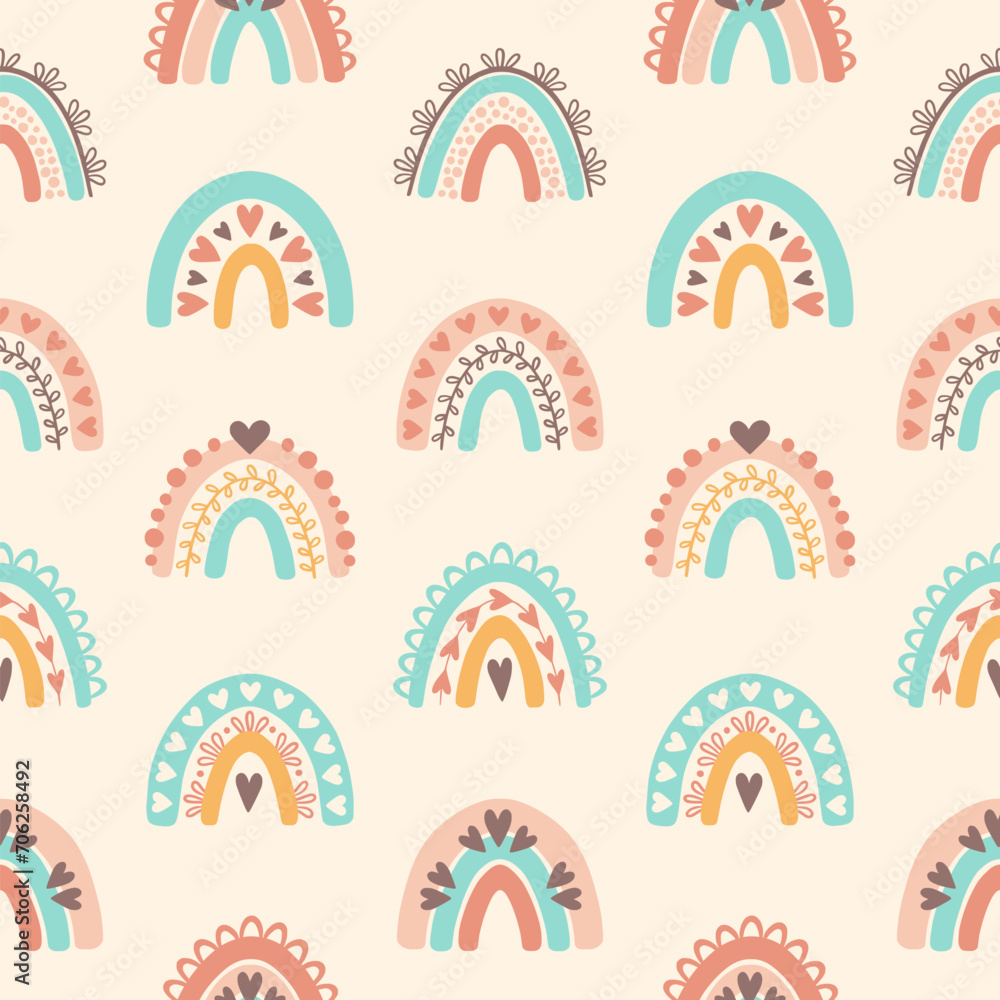 Pattern with boho rainbow in a naive children's style. Seamless pattern with rainbows in pastel colors. Illustration for textile, fabric design, wallpaper, wrapping paper and other printing. Pattern with boho rainbow in a naive children's style. Seamless pattern with rainbows in pastel colors. Illustration for textile, fabric design, wallpaper, wrapping paper and other printing.