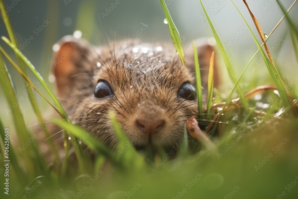 dew-covered vole climbing through wet grass dew-covered vole climbing through wet grass