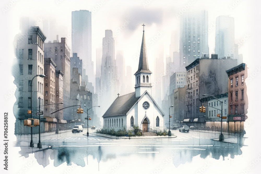 Obraz premium Watercolor painting of a little church in New York, cityscape skyline