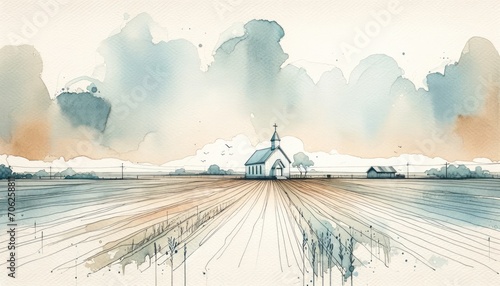Watercolor painting of a little church in the Countryside