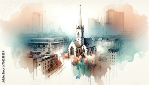 Watercolor painting of a little church in London, cityscape skyline