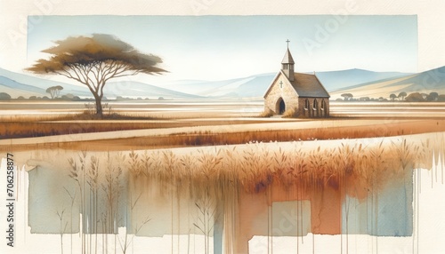 Watercolor painting of a little church in Africa